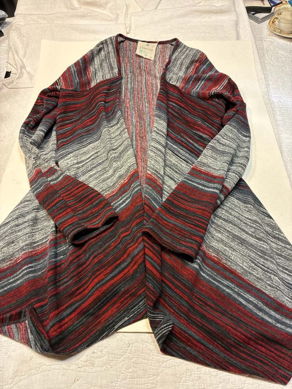 Threads Cardigan Size M Red Gray Black Striped Open Front Sweater